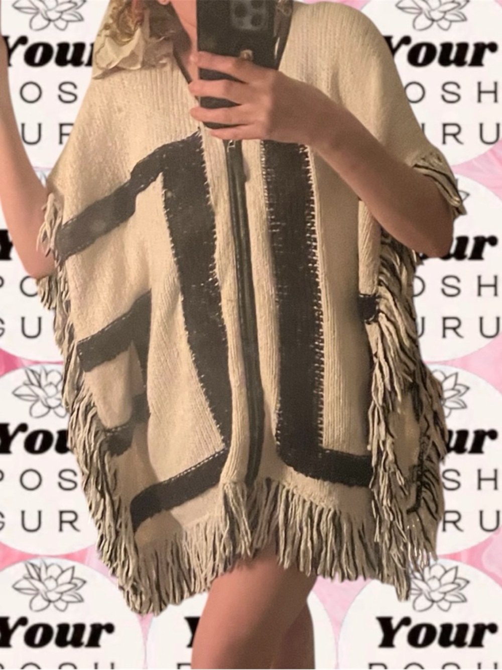 INC Fringed Zip-Front Poncho Sweater in Beige and Black